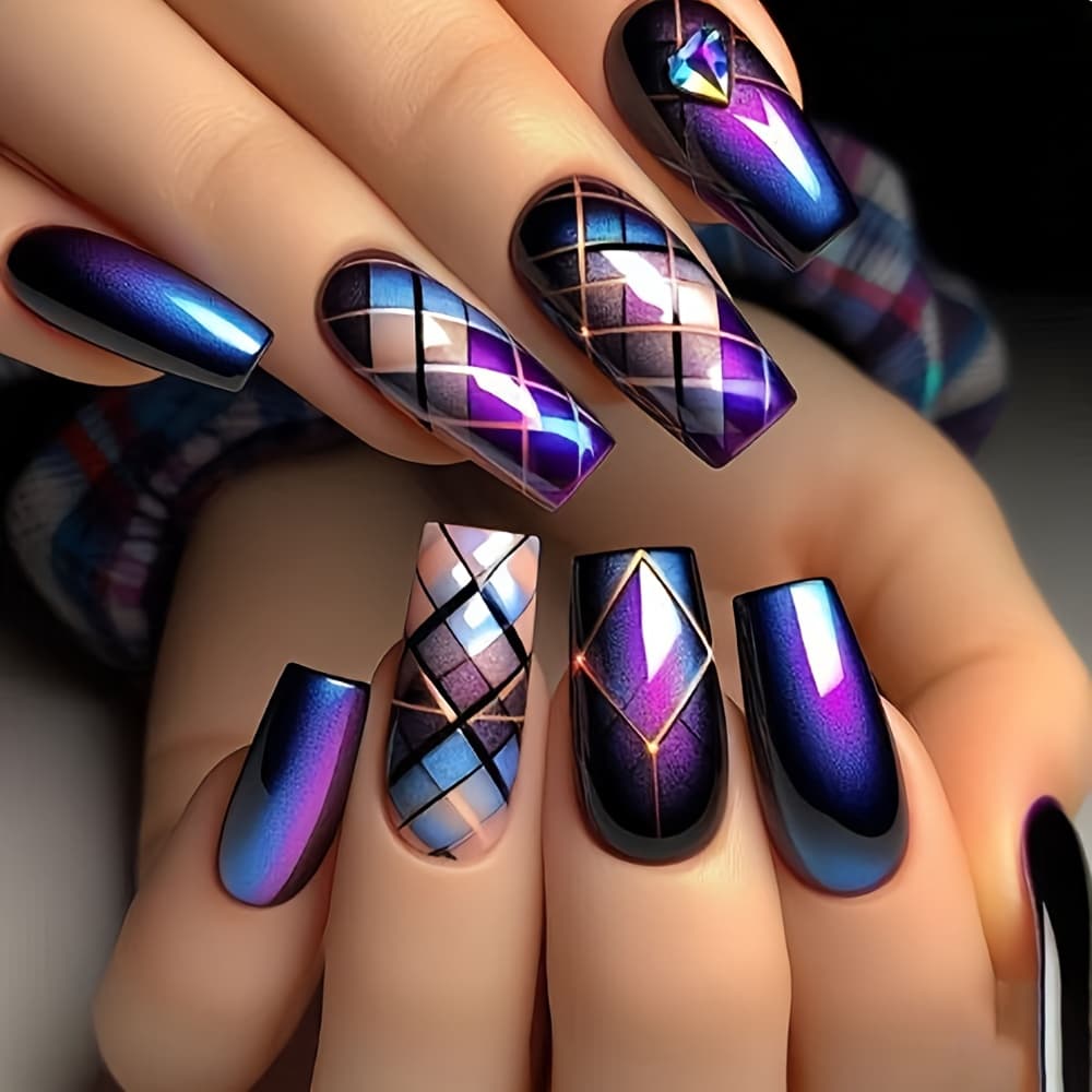 TEMU 24 Medium Square Fake Nails, Colorful Geometric Stripe Wearable Nail Design, Removable Fake Nail