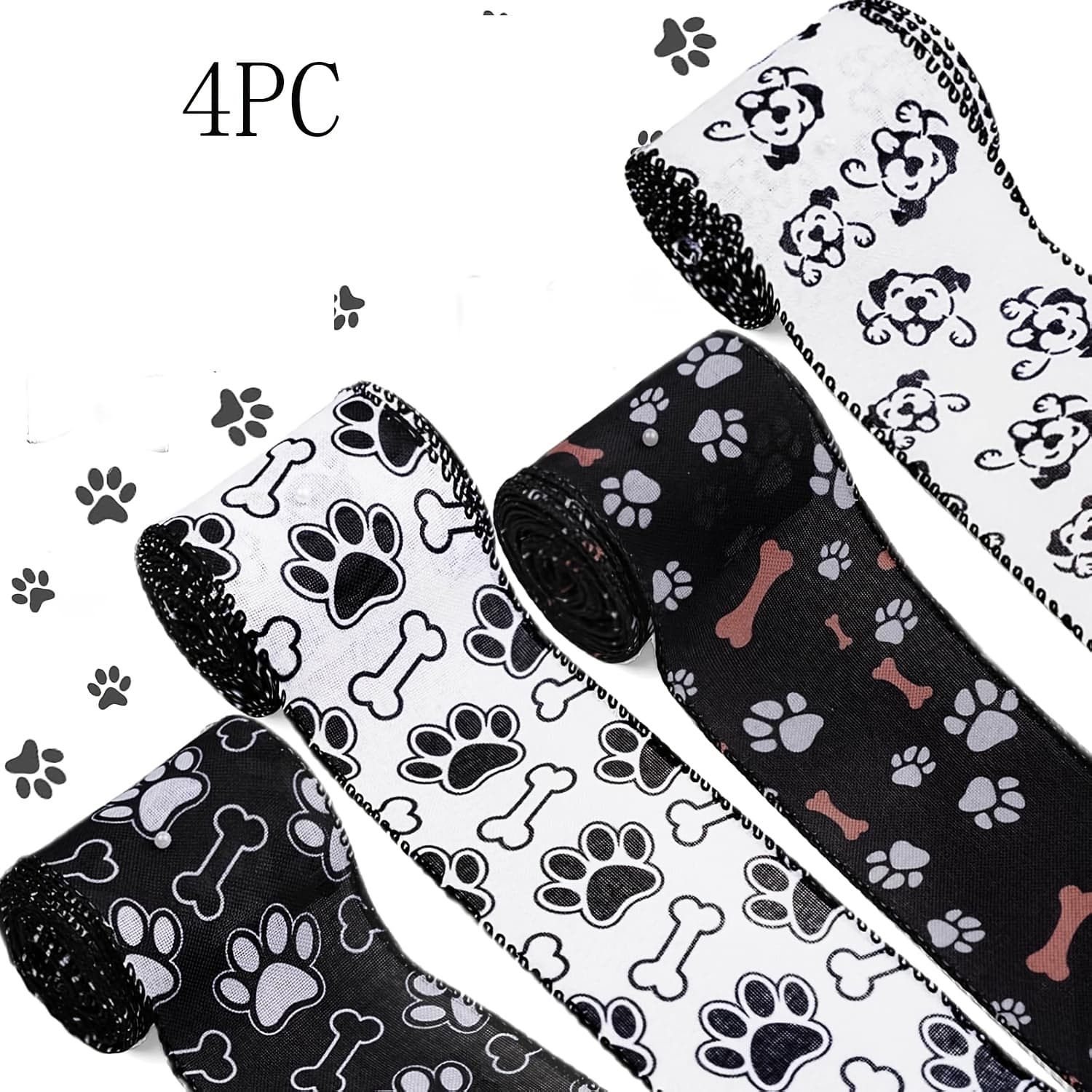 TEMU 4 Ribbon 2.5 Inch Wired Paw Print Wired Ribbon For Christmas Diy Wrapping Wedding Floral Bows Decor Home Party Ornaments (dog Paw)