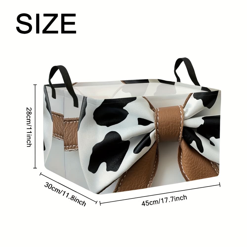 TEMU 1pc Cow Print Bow Decor 2d Flat Themed Extra Large Foldable Storage Basket – Fabric Organizer With Sturdy Handles, Perfect For Laundry, Clothes, Gifts, And Home Decor, 2d Flat, Shelf Baskets