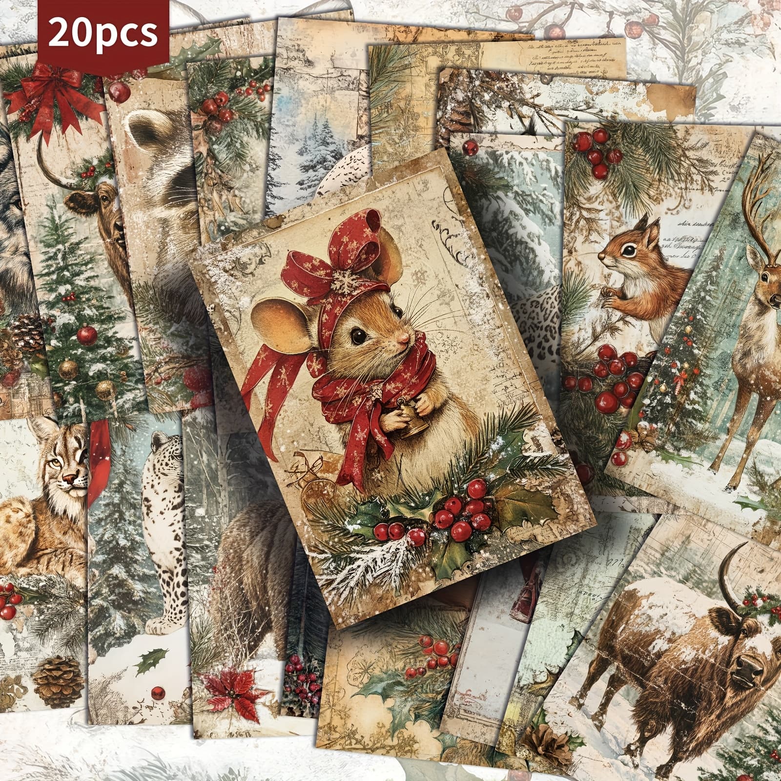 TEMU 20 Pack Vintage Winter Christmas Animals Paper Postcards - 4x6 Inches Vintage Junk Journal Paper, Classic Pinup Illustrations, Collectible Decorative Painting Cards For Scrapbooking & Crafting