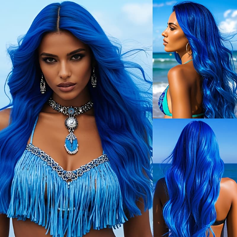 TEMU Blue 28 Inch Curly Wig, Fashion Synthetic Hair For Women, Suitable For Daily Wear, Party, Cosplay And Costume, Lightweight And Comfortable,