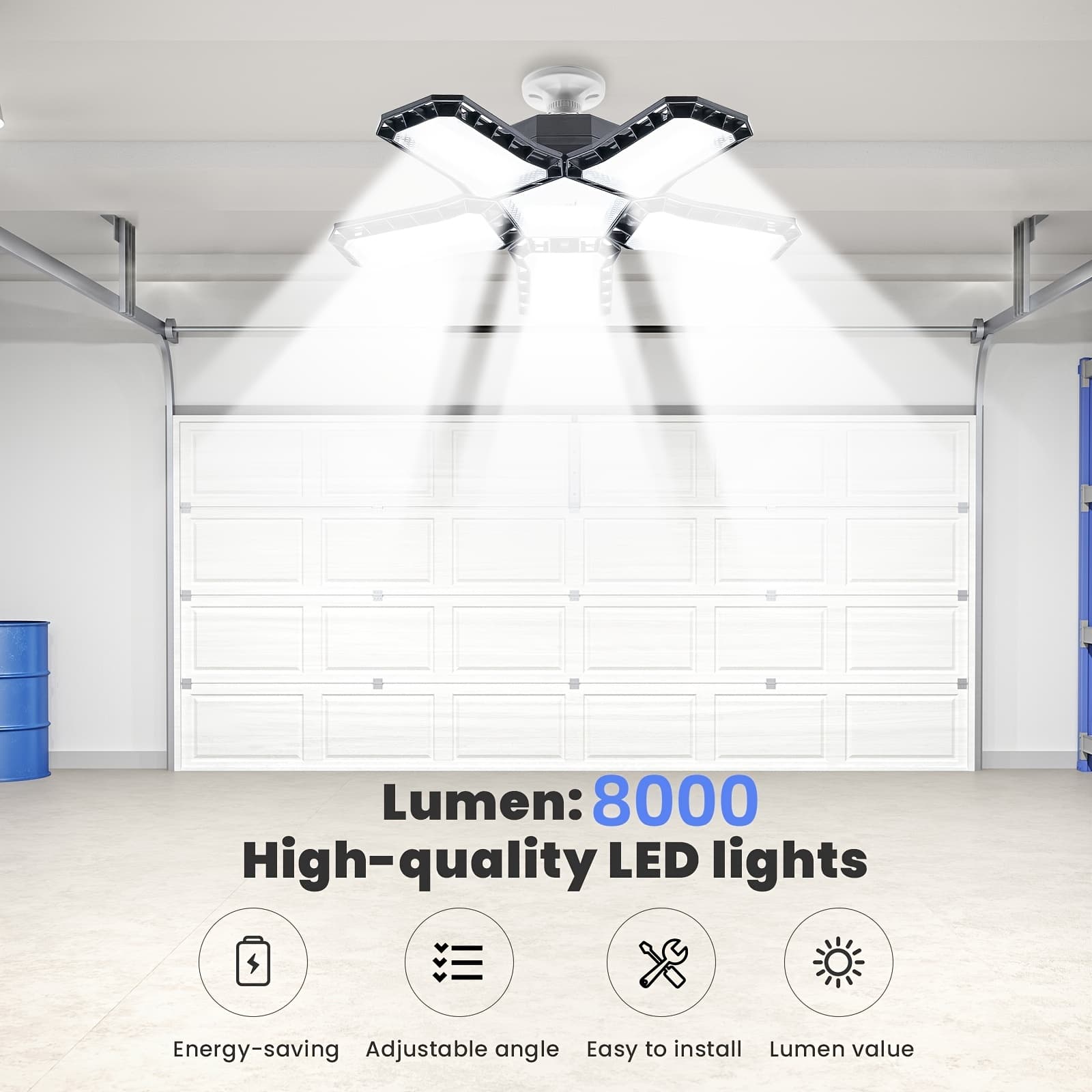 TEMU 8000lm Led Garage Light, 6 Light Panels, 5 Foldable Panels, E26/e27 Base, 360° Adjustable Lighting, Heat Dissipation Vents, & Energy-saving. Ideal For Basements, , & Indoor Lighting
