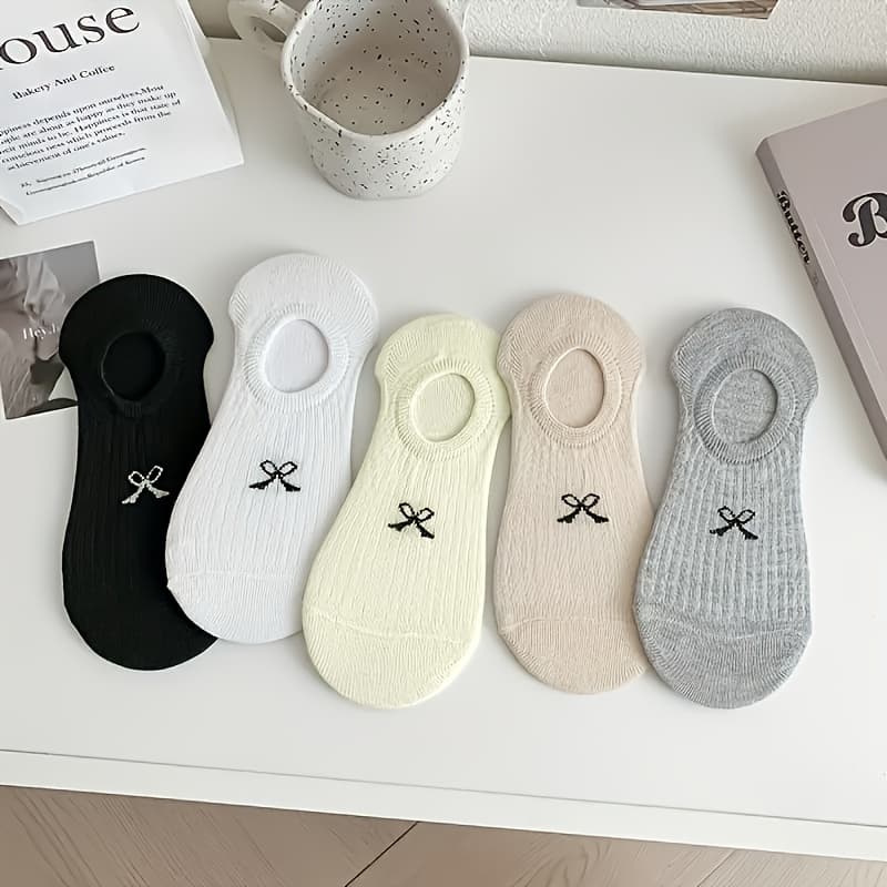 TEMU 5 Pairs Vintage Jacquard Boat Socks Cartoon Bow Short Socks Sports Casual Socks Shallow Mouth Breathable Thin Socks