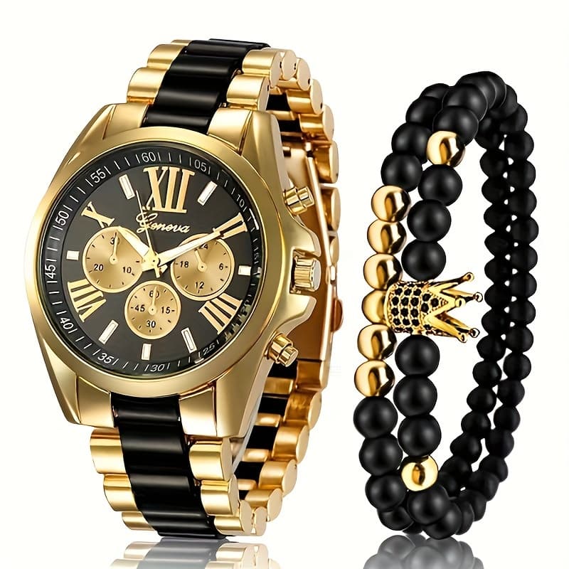 TEMU Toop Men's Fashionable Two-handed Watch Set - Elegant And Business-ready Quartz Wristbands With Stainless And Alloy Straps