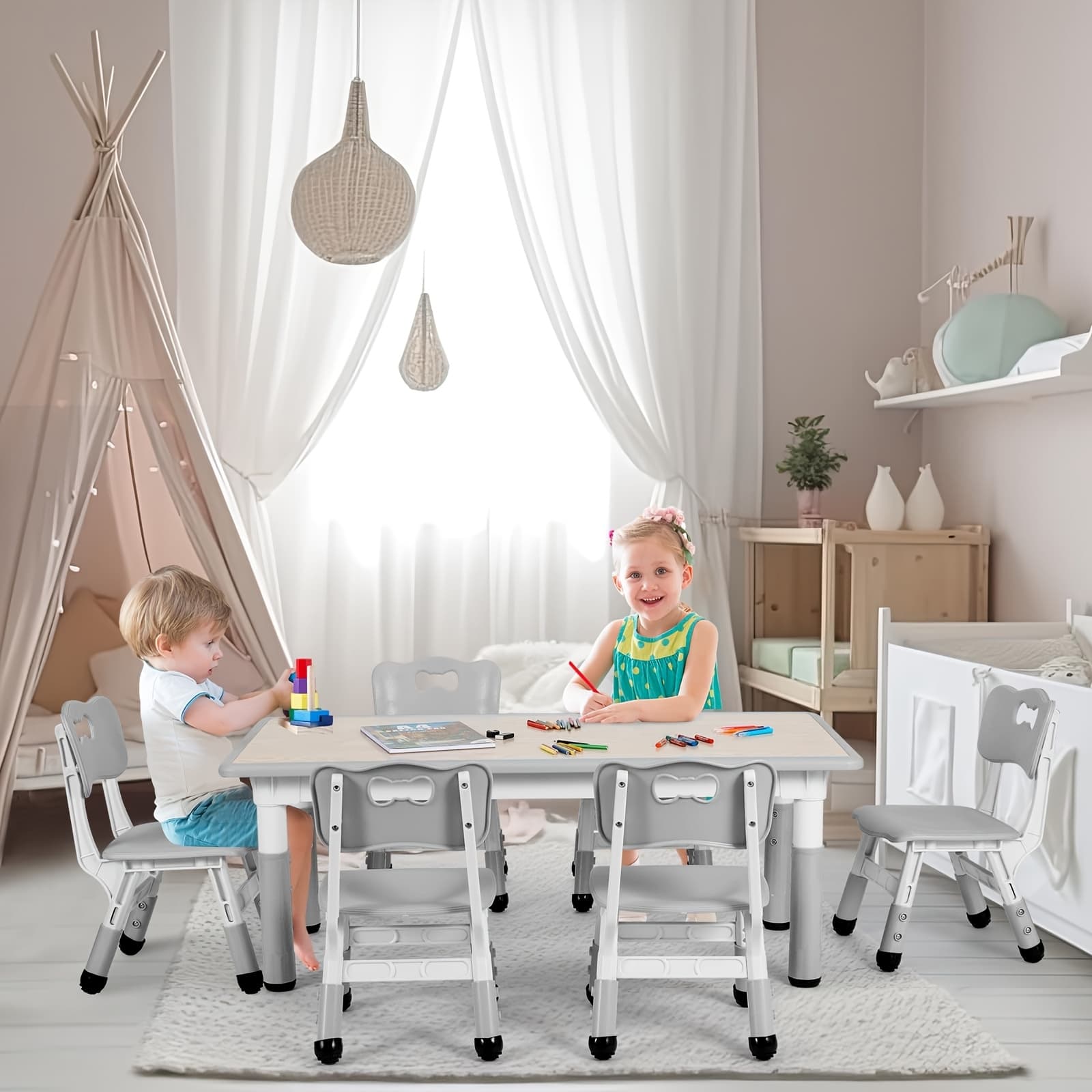 TEMU Adjustable Tables And 6 Chair Suits, Game Activity Table Sets With Graffiti Desktop, Preschool Table For Reading, Drawing, Eating, For Boys And Girls Halloween Christmas Gifts