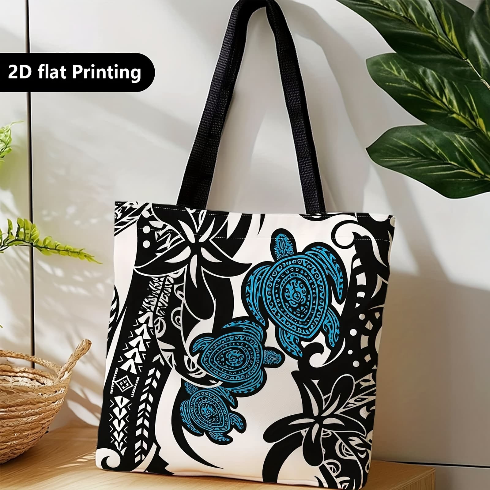 TEMU 1pc ' Tribal Turtle Tote Bag - Canvas Shoulder Bag With Black & Patterns, Machine-washable Suitable For Travel,, Beach, Daily Use - Stylish Durable Carryall For, For Teenager