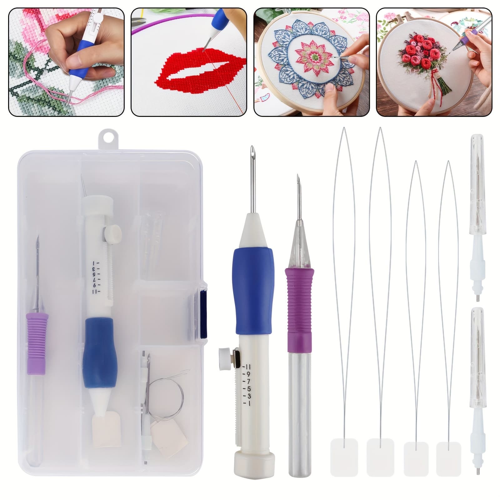 TEMU Embroidery Punch Needle Kit For, Includes A Sewing Set With An Ergonomic Handle, 3 Needles, 4 Threaders, A Pen Needle, And A Storage Box