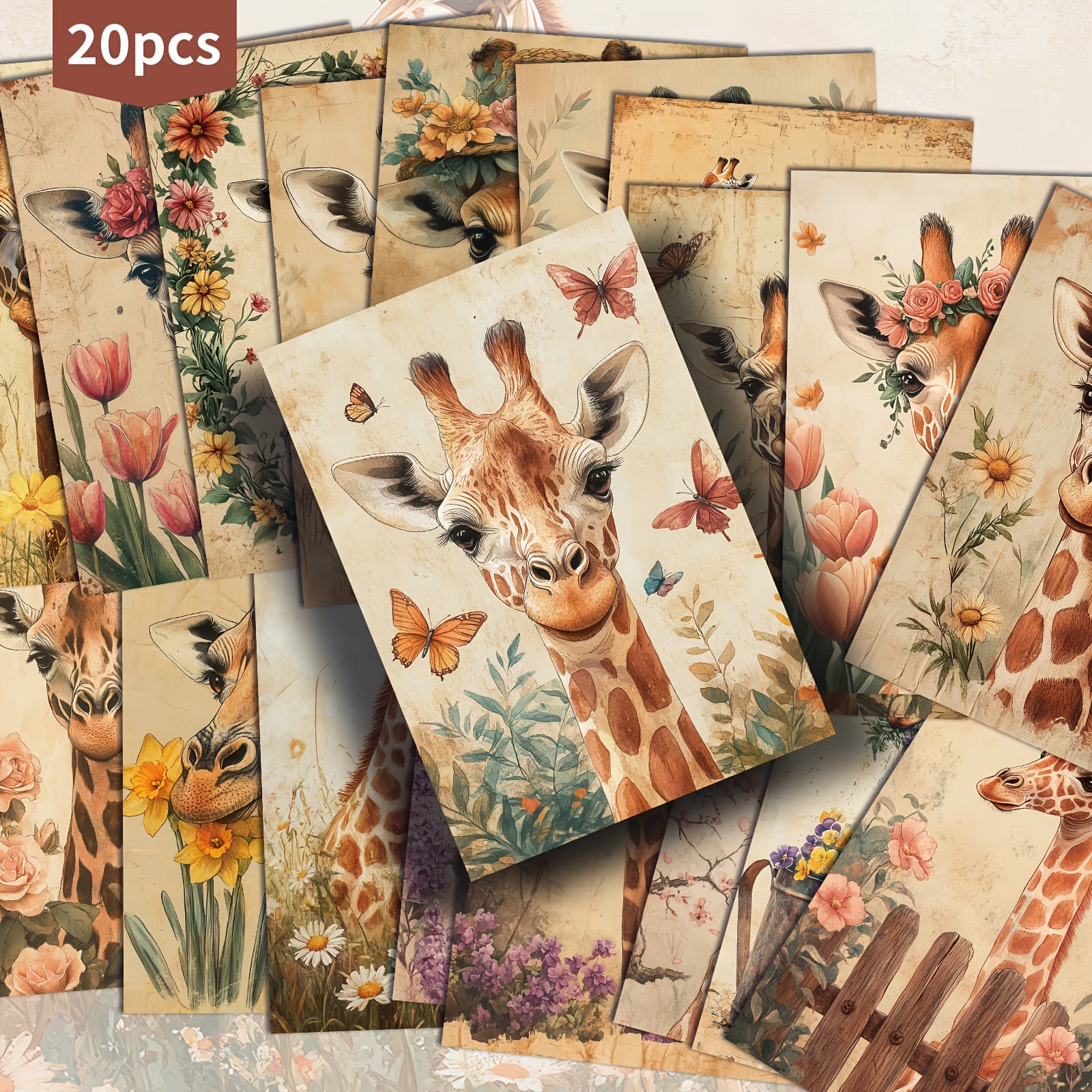 TEMU Set Of 20 Retro Giraffe And Floral Postcards - 4x6 Inches, Featuring Classic Pinup Art, Scrapbooking And Crafting As Collectible Decorative Cards