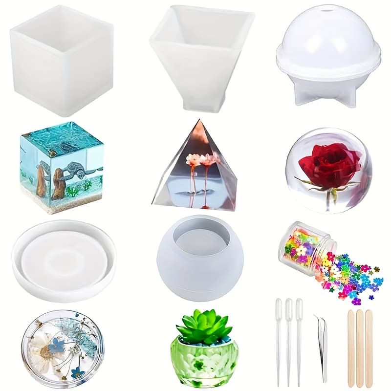 TEMU 13pcs Resin Silicone Molds Kit, Epoxy Resin Molds Including Sphere, Cube, Pyramid, Used For Art, Coasters. Bonus Decorative Sequins And The Complete Set Tools