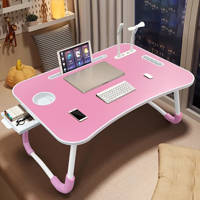 TEMU Laptop Table With Led Lights, Folding Bed Table With Storage Drawers, Laptop Stand Computer Table For Sofa Or Floor - Multi-functional Tray Shelf With Cup Holder And Drawer, Usb, Fan And Light