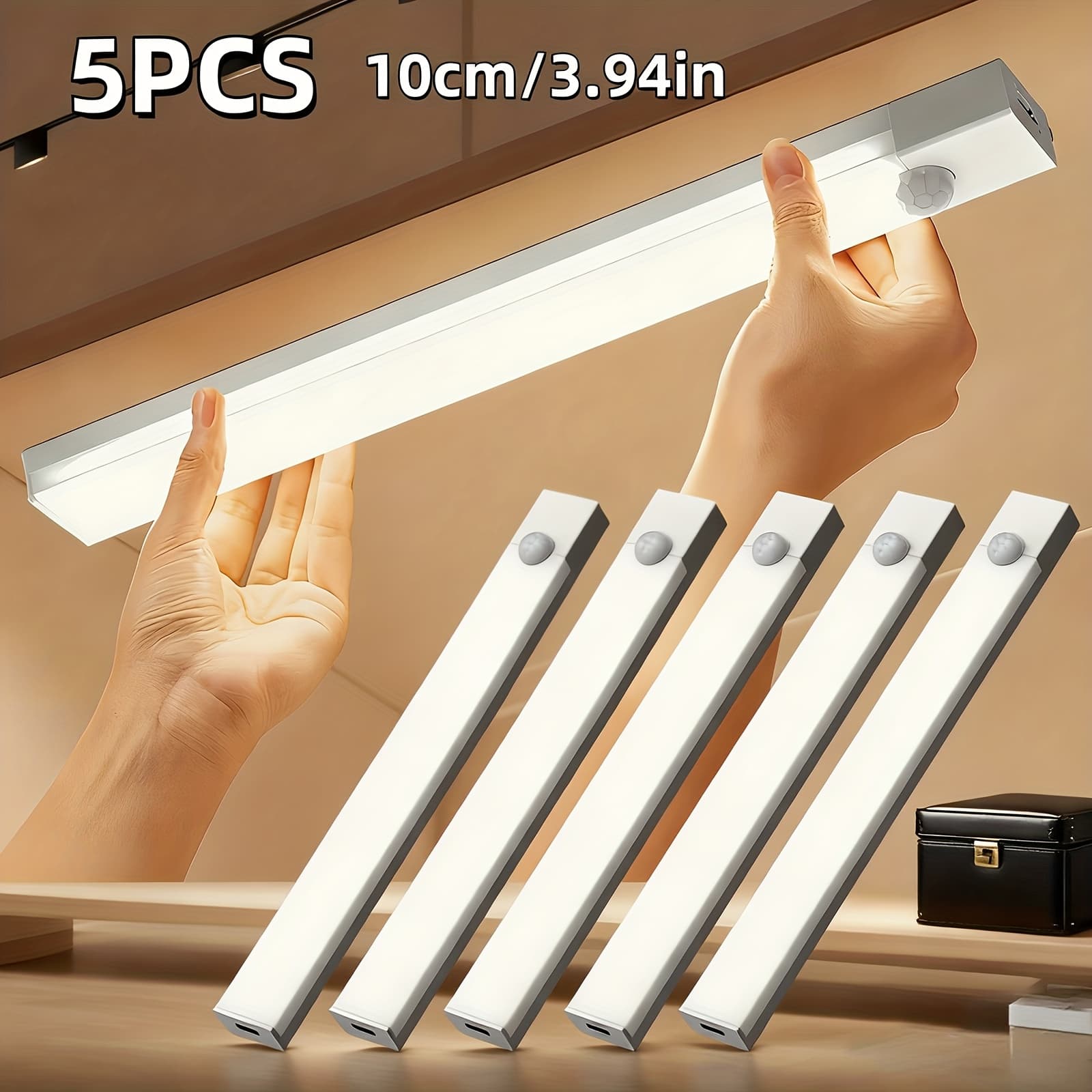 TEMU 5pcs Motion Sensor Light Set, 3.94in/7.87in Size, Light, Led Indoor With Usb Charging, Suitable For Offices, Bedrooms, Closets, And Cabinets. Removable, Sensor Light, Interior Decorative Light