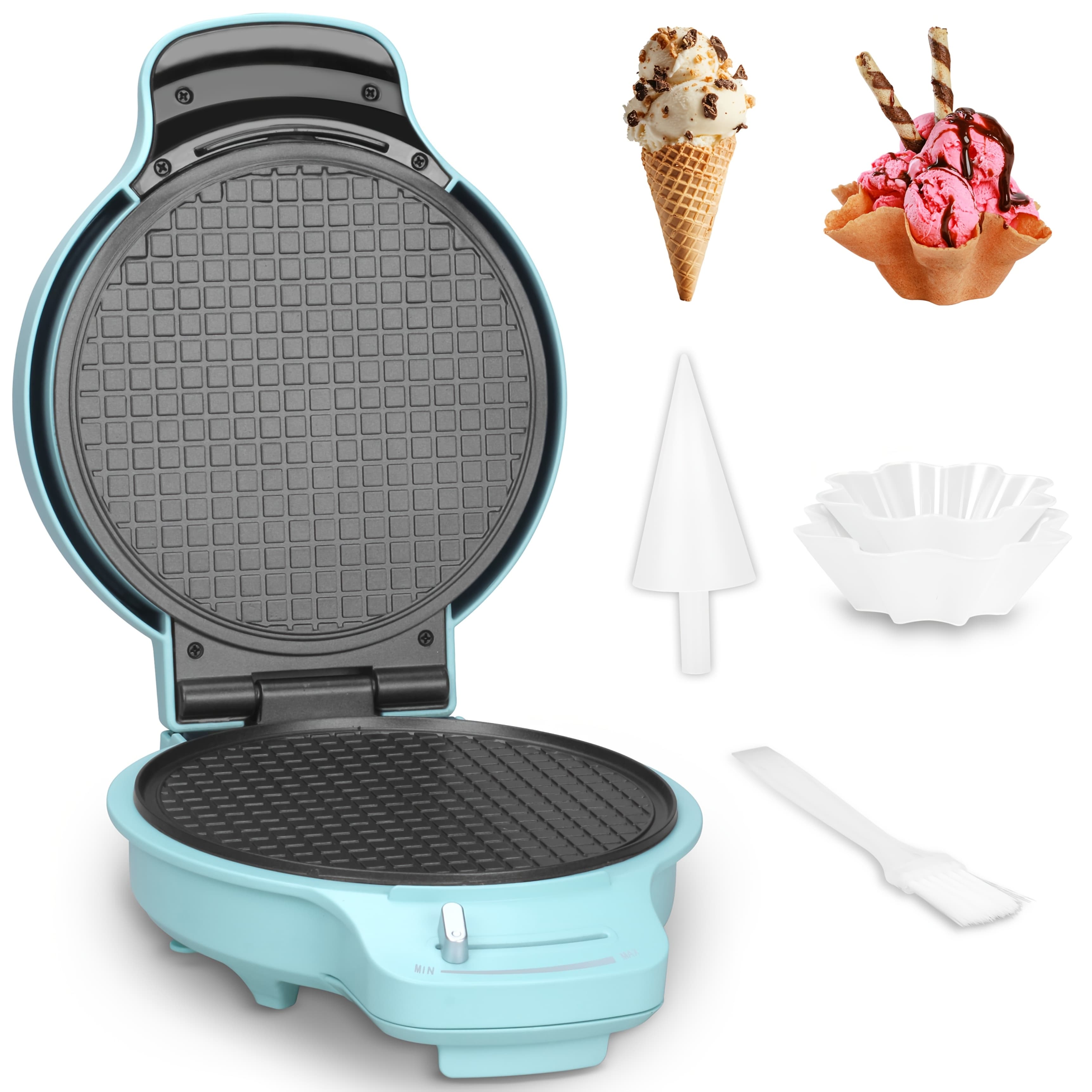 TEMU 7.5" Ice Cream Cone Maker, Maker Machine With Browning Control, Nonstick Maker, Thin Waffle Maker Crispy, Cone Roller & Bowl Press Included, Aqua