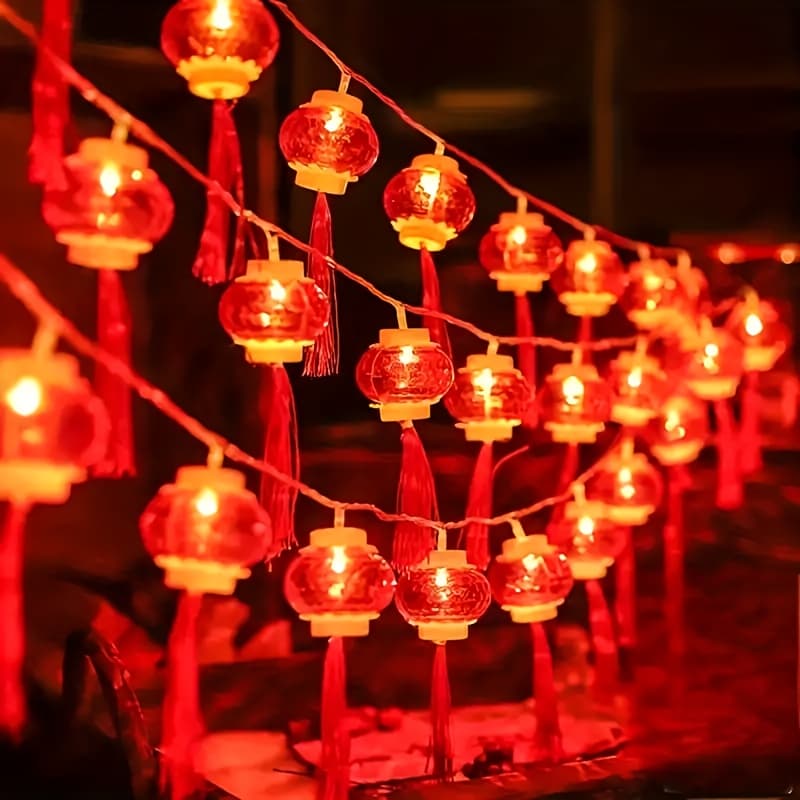 TEMU Chinese New Year Led String Lights - Battery-powered, Decorative Hanging Lamps With Tassels For Festive Home & Party Decor, Lights For Decoration