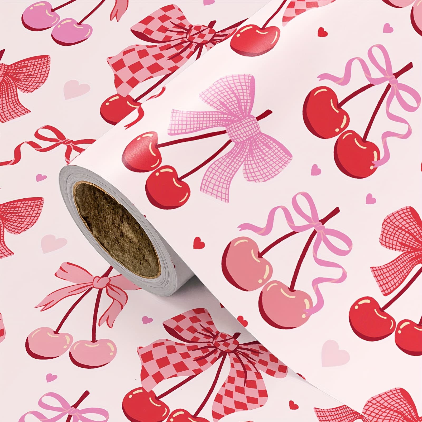 TEMU 1 Roll Cherry And Bow Wrapping Paper | Pink Checkered And Hearts Design For Birthdays, Valentine's, Galentine's, Gifts And Decor - 43cm X 500cm (17" X 16.4')