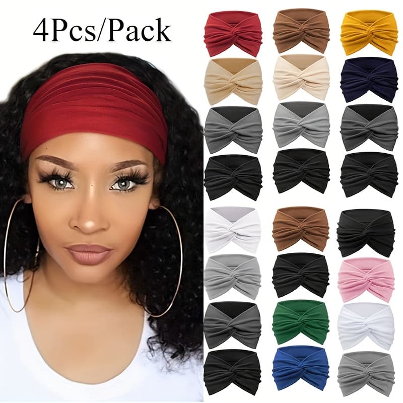 TEMU 4pcs/pack Bohemian Retro Style Solid Color Wide Edge Pleated Sports Daily Knot Headband Set As A Hair Accessory Gift For Women