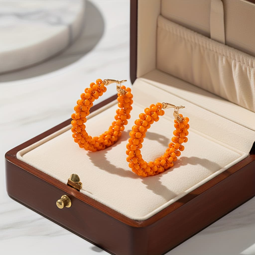 TEMU 1pc Women's Fashion Earrings, Handcrafted Beaded Orange Rice Bead Hoop Earrings, Bohemian Style Suitable For Daily Wear Autumn Women's Additions, Christmas Gift