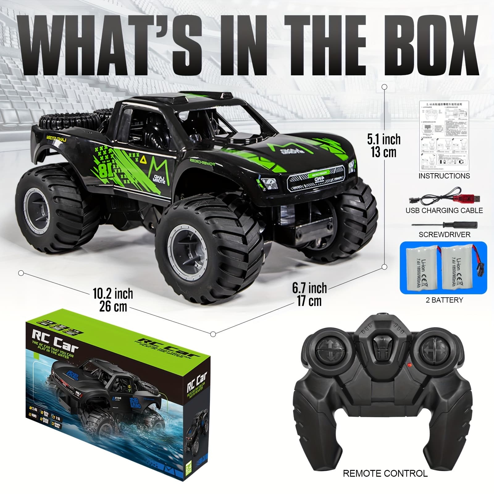 TEMU 1:16 Amphibious Remote Control Car With 2 Rechargeable Battery, Rc Trucks 4x4 Offroad, 4wd All Terrain Monster Truck Rc Car For Boys 4-7 Gift Present
