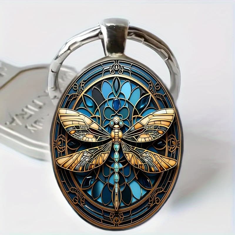 TEMU Stylish And Pattern Oval Alloy Glass Keychain, Perfect Accessory For Birthday Gifts And Party Celebrations