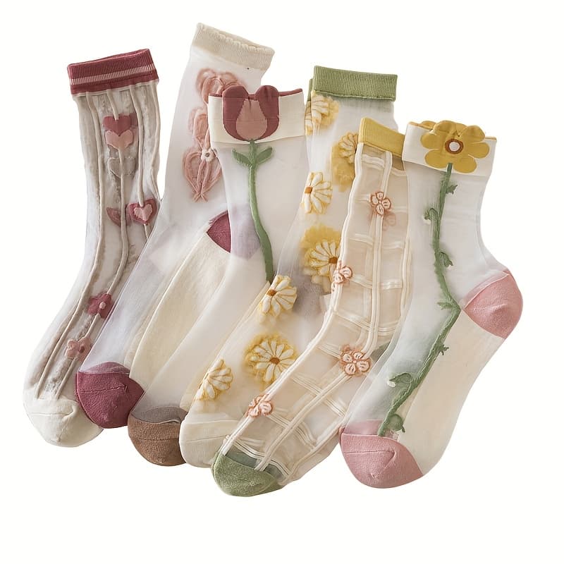 TEMU 5 Pairs Of Glass Fiber Crystal Socks, Plant Flower Ultra-thin Transparent Ice Cold Card Mesh Breathable Mid Tube Stockings, Soft And Comfortable Stockings