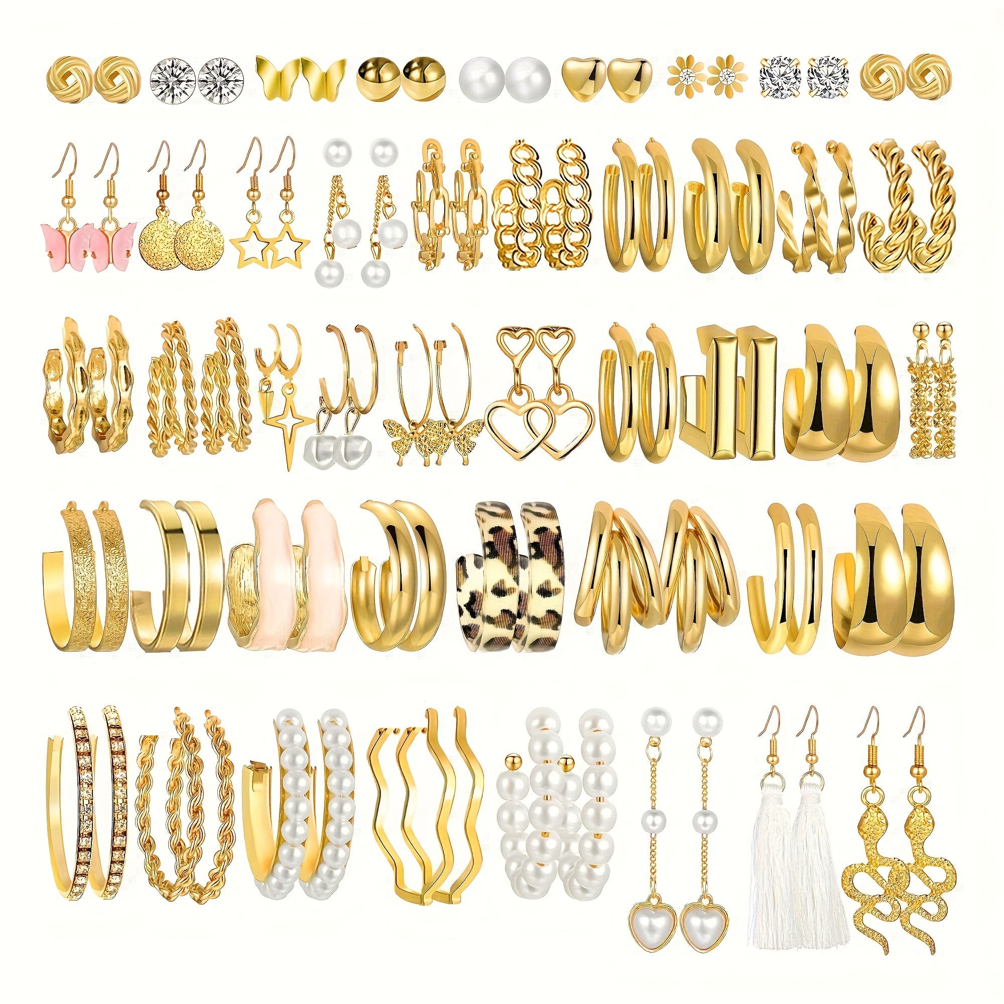TEMU 90pcs Vintage Simple Pearl Geometric Heart Stars Twisted Wide Face Hoop Earrings Set Multiple Styles, Women's Autumn And Winter Daily Match Attend A Party Vacation Dating Perfect