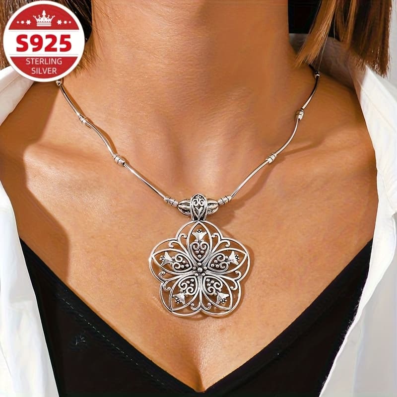 TEMU S925 Pure Silvery Unique Retro Geometric Necklace, Elegant Hollow Flower Pendant, Innovative Jewelry, Suitable For Women, Perfect Gift For Valentine's Day, , Christmas, Special