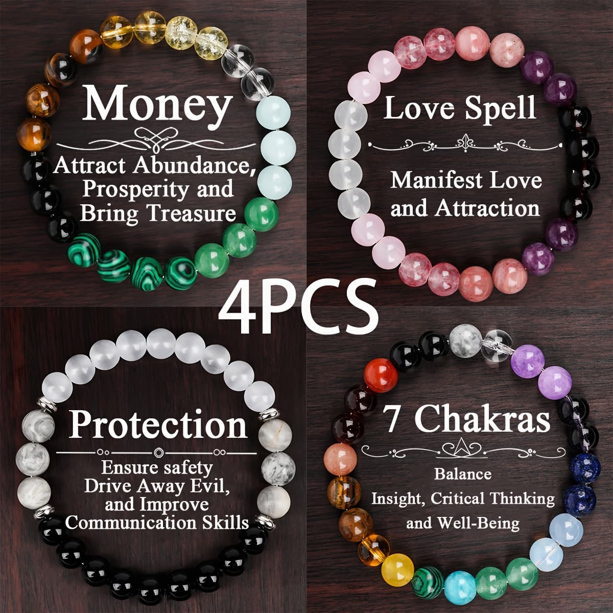TEMU Bohemian Chic 4pcs Beaded Bracelet Set With Natural Citrine, Malachite, Rose Quartz& Tiger Eye- & Jewelry Gift For Women And Moms