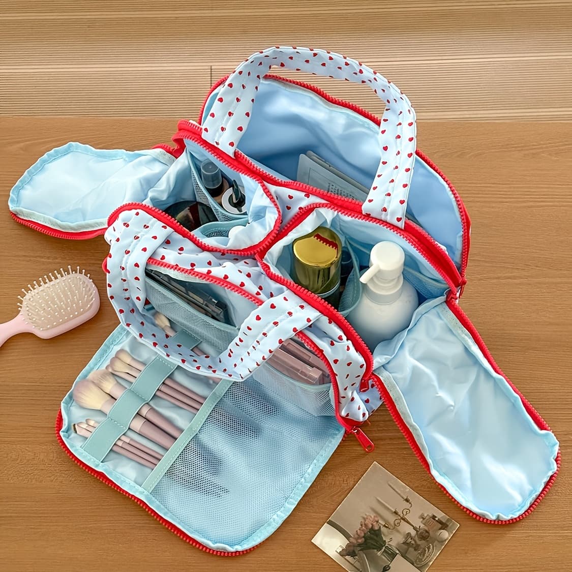 TEMU [toiletry Bag] Handheld Makeup Bag Red Heart Contrast Portable Large Capacity Handheld Toiletry Travel Bag Additions Partition Storage Bag Home Outing Essential Beautiful Women's Bag