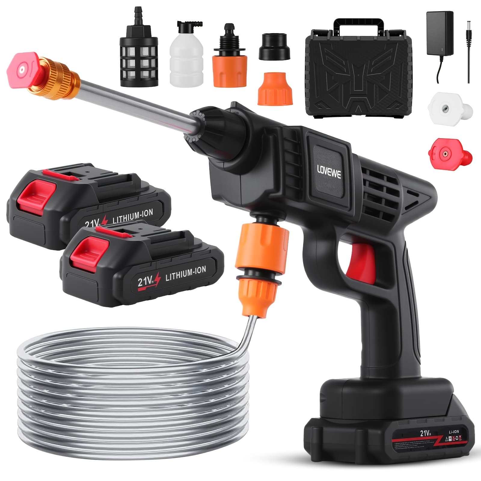 TEMU Lovewe 300 Watt Cordless High Pressure Electric Car Wash - With 6-in-1 Nozzle, 1.3gpm Handheld Car Wash Gun, For Car Wash/home/floor/garden Cleaning, Includes1/2 X 15000mah Batteries,