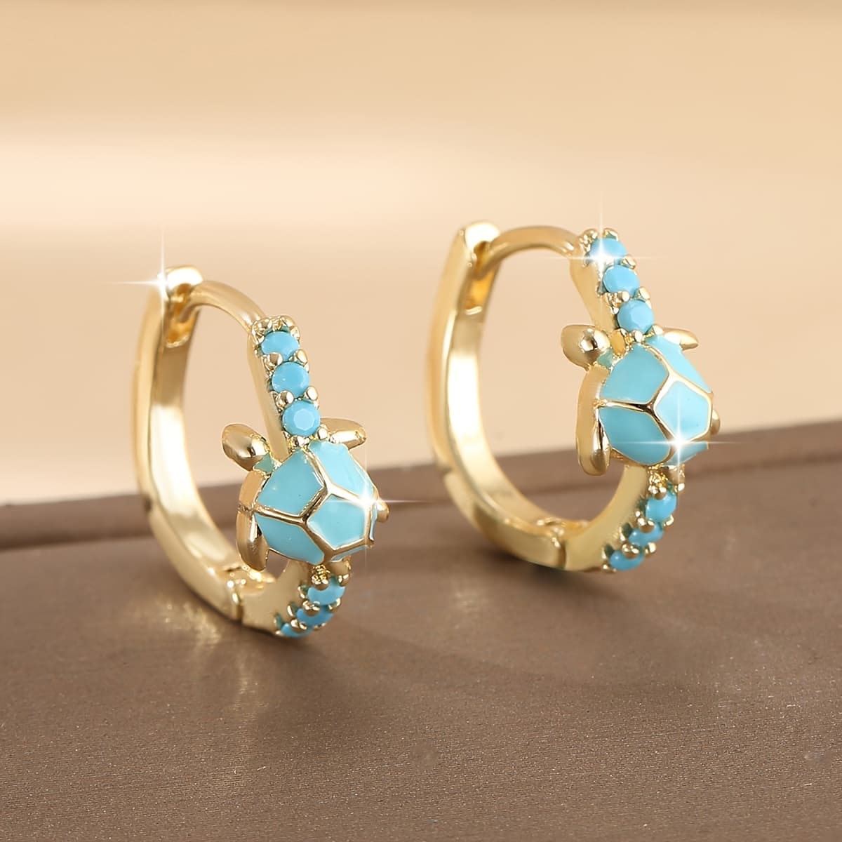 TEMU 1 Pair Of Luxurious Copper-inlaid Synthetic Turquoise Turtle Round Hoop Earrings, Vintage Cute Animal Women's Earrings, Birthday Gift