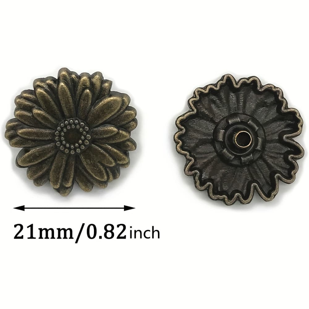 TEMU A Set Of 10 Vintage Bronze Metal Snap Buttons Featuring Chrysanthemum Designs, Ideal For Leather Projects Like Jackets, Complete With Caps, Sockets, And Studs