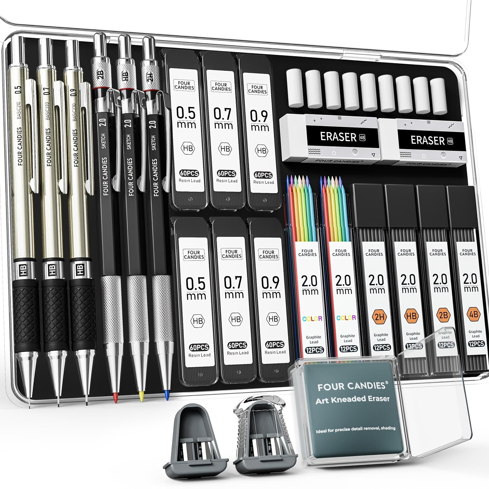 TEMU 4 Candies 25pcs Art Mechanical Pencil Set With Case, 3pcs Metal Artist Lead Pencil 0.5, 0.7, 0. And 3pcs 2mm Holder (hb 2h 2b 4b Colors) With 432pcs Graphite Lead Refills For Drawing Sketching