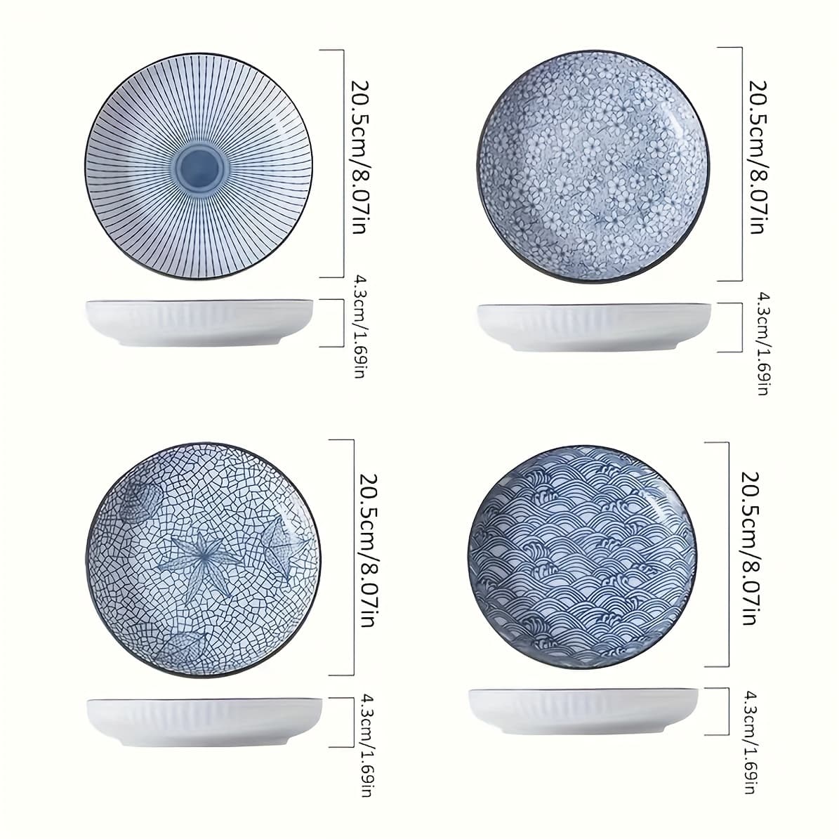 TEMU 4pcs Set Of Japanese-style Ceramic Floral Plates Household Serving Plate, Nordic-style Steak Plate, Ceramic 7-inch Deep Plate, Non-slip Edge, Underglaze Color Round Plate