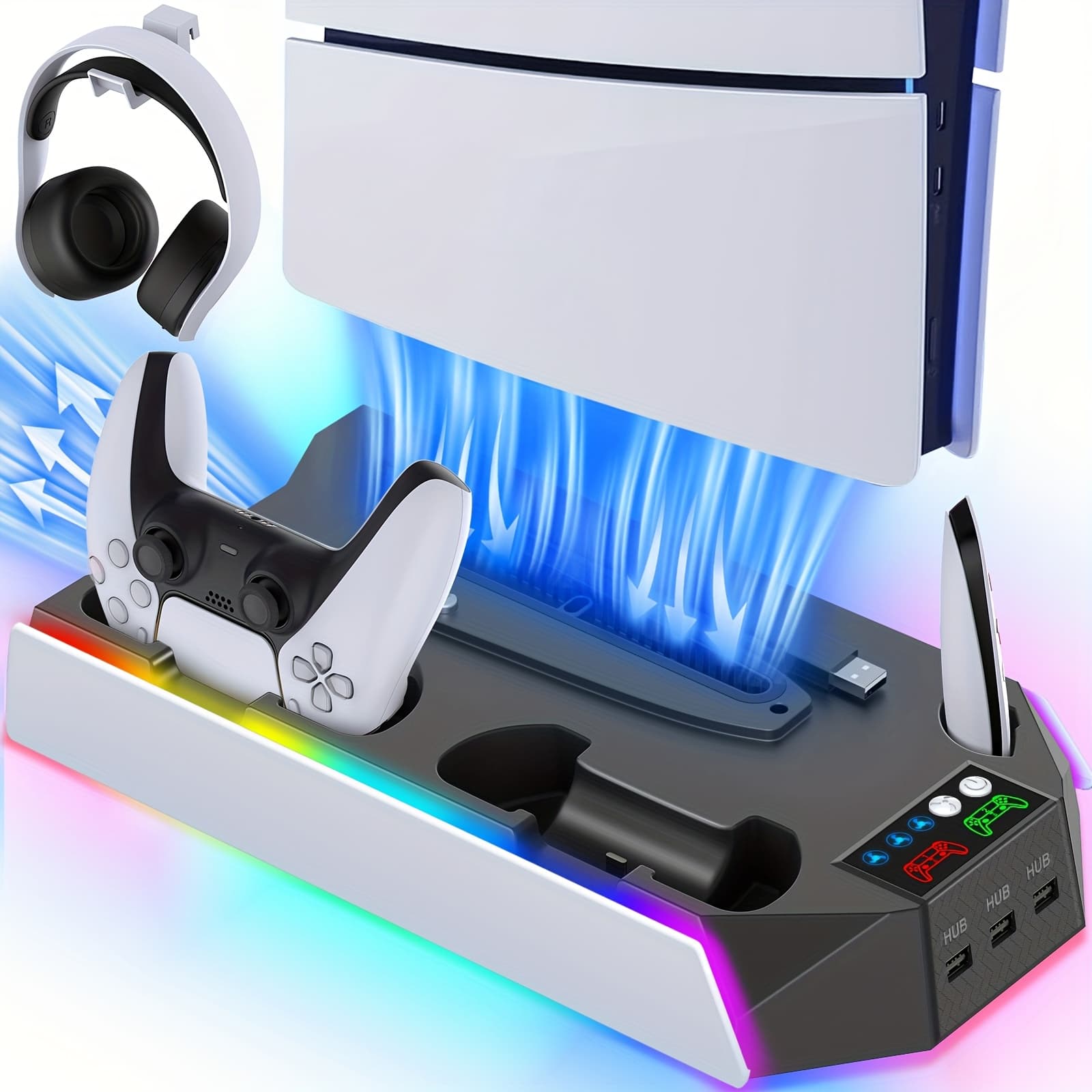 TEMU For Ps5/slim/ Disc & Digital Console, Rgb Cooling & Charging Station With 3-level Fan, Controller Charger For Ps5 Controller, Accessories With 3 Usb Ports/cooling Fan/headset Holder