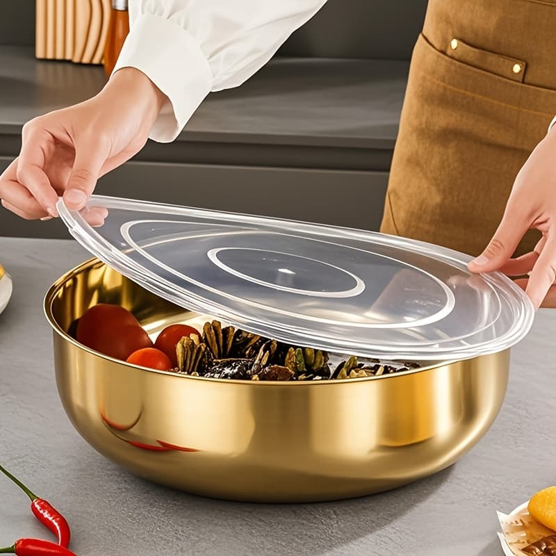 TEMU Large Golden Stainless Steel Mixing Bowl With Lid - Rust Proof, Deep And Wide, Suitable For , Noodles, Vegetable Cleaning, And Cooking Soup - A Must-have For Multifunctional Kitchens