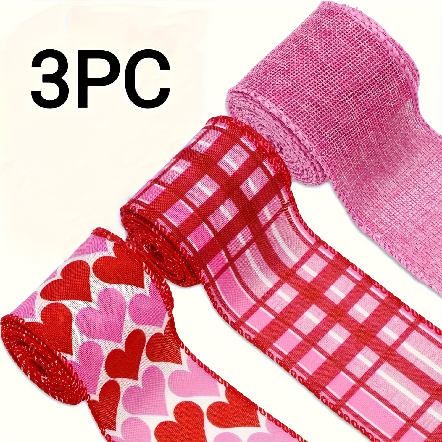 TEMU 3 Rolls, Valentine's Day Wired Edge Ribbon Love Heart Ribbon For Wreath Bow Making Wedding Diy Crafts Wrapping