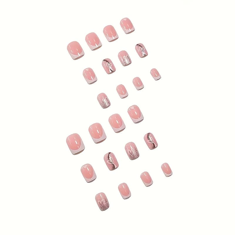 TEMU Short Square-shaped Heart-stripe Glitter Mica Powder Mixed Design, 24pcs Press-on Wearable Nails, Reusable False Nails