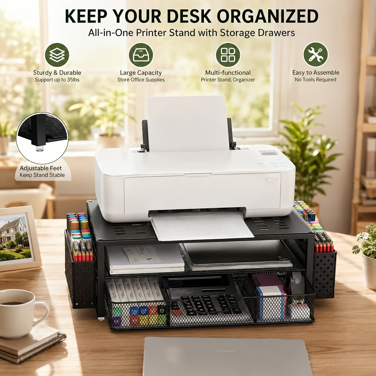 TEMU Heavy Duty Metal Stand With Drawer And Pen Holder - 2-tier Computer Stand, Wooden Desktop Organizer For Pc/laptop/printer