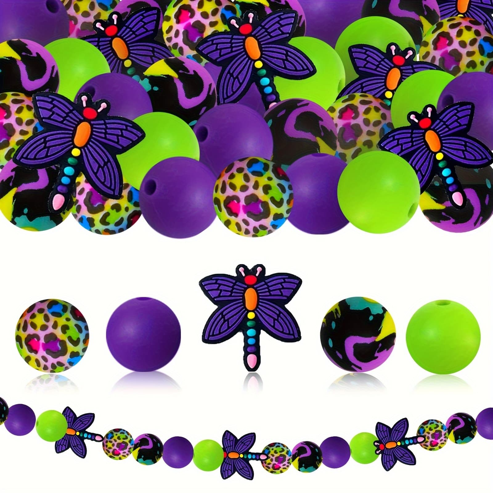 TEMU 32pcs Purple Dragonfly Silicone Beads With Colorful Leopard Print Patterns, Suitable For Making Earrings, Necklaces, Keychains, Phone Charms, Makeup Brushes, And Diy Craft Jewelry Accessories