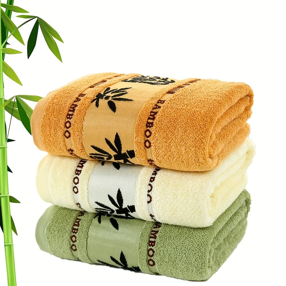 TEMU 3pcs Bamboo Fiber Towel Set, With Bamboo Pattern, Quick-dry Ultra Soft, Ideal For Home Bathroom Use, , Space Theme, Rectangle Shape, Your Bathroom 12.60in*28.35in