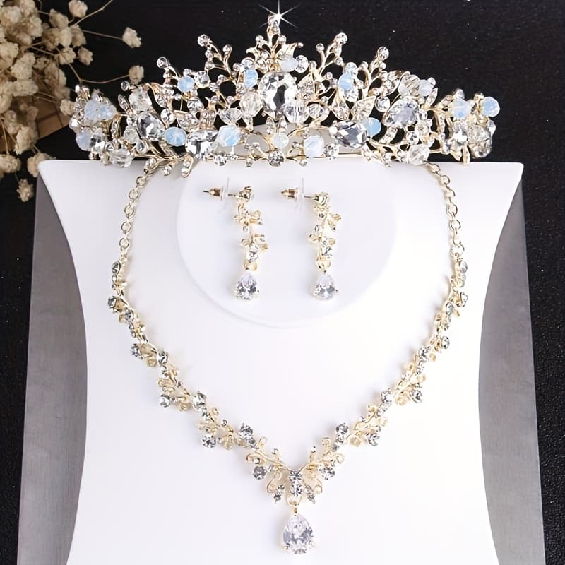 TEMU Bridal Crown Necklace Earrings 3 Piece Set Chain Bridal Jewelry High-end Wedding Band Handmade Beads Crown Necklace Earrings Set Evening Party Banquet Birthday Tiara Crown Set Chain