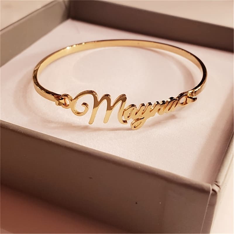 TEMU Personalized Golden-tone Name Bracelet - Custom Script Nameplate Jewelry With High-quality Metal, Elegant Gift For Mom, Teacher, Graduation, Back-to-school - Wear