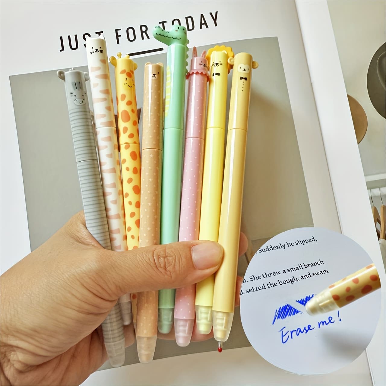 TEMU 8pcs Cute Zoo Theme Erasable Gel Pens, Blue Ink Pen With Eraser Clear, Twist- Pen, Smooth Writing Comfortable To Use For Note Taking Marking School Office Journaling Supplie