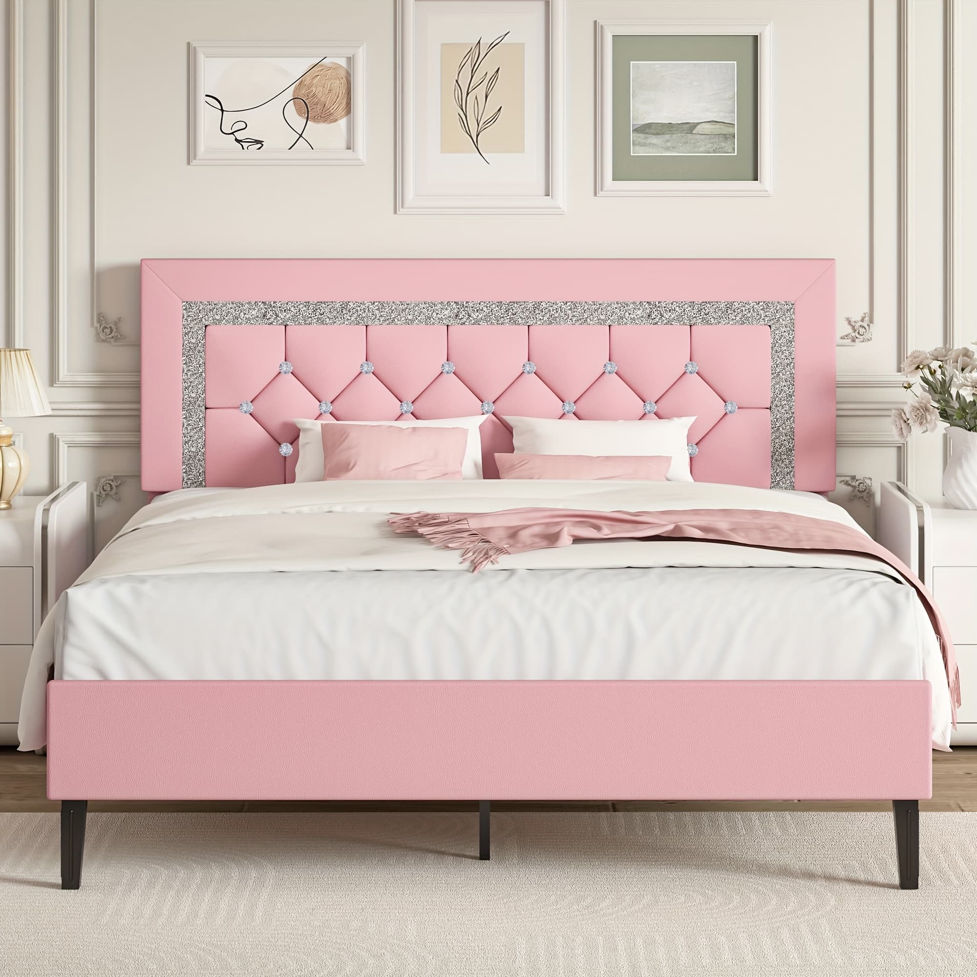 TEMU Twin Full Queen Size Bed Frame, Diamond Headboard, Wood Slats Support, Halloween Decor, Princess Bed Frame, Easy To Assemble, Furniture For Home, For Home Decor Pink/white/black