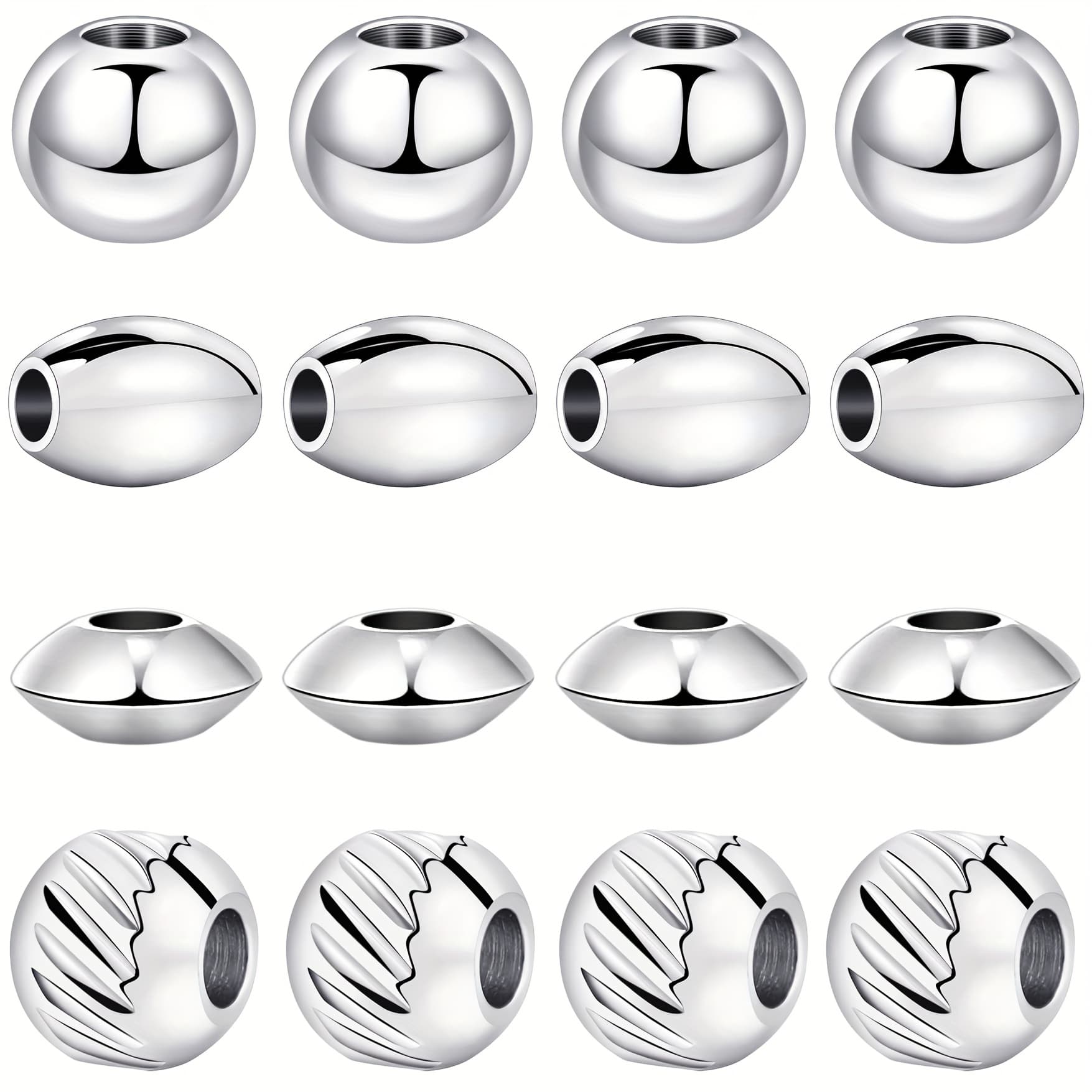 TEMU 200pcs Of 4 Styles Of Stainless Steel Smooth Round Beads, Ufo Beads, Striped Beads, Spacer Beads, Decorative Beads For Jewelry Additions