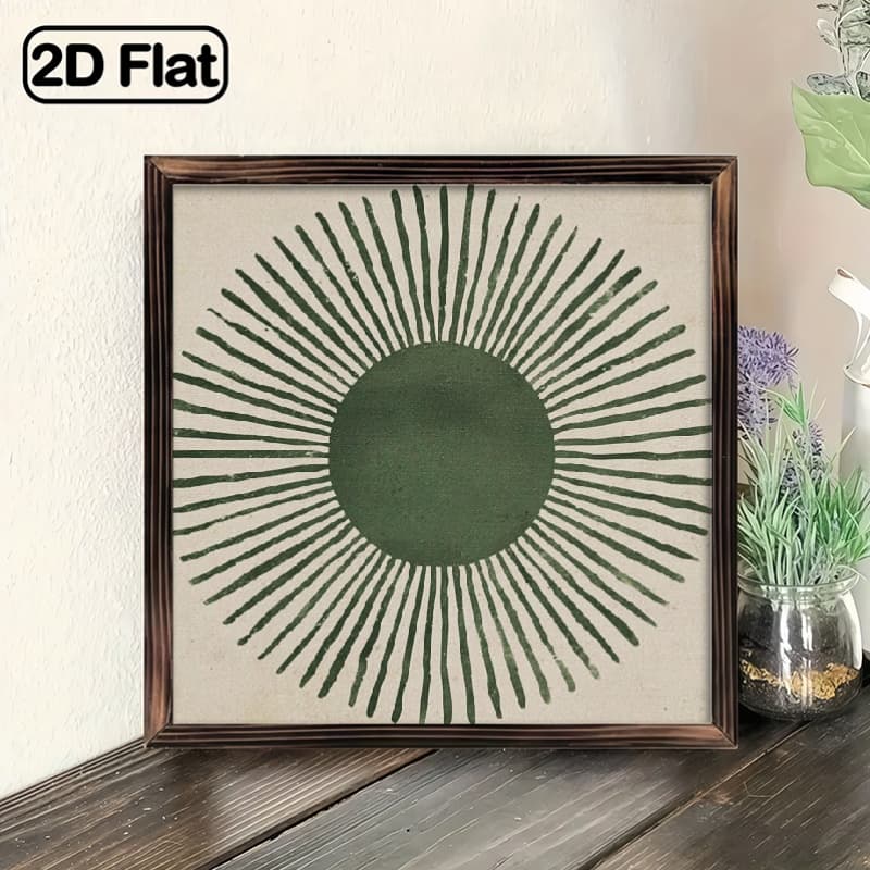 TEMU 2d Flat 8x8 Inch Bohemian Sun And Moon Wall Art With Wooden Frame - Olive Green Abstract Print, Perfect For Living Room And Bedroom Decor, Sun Decor