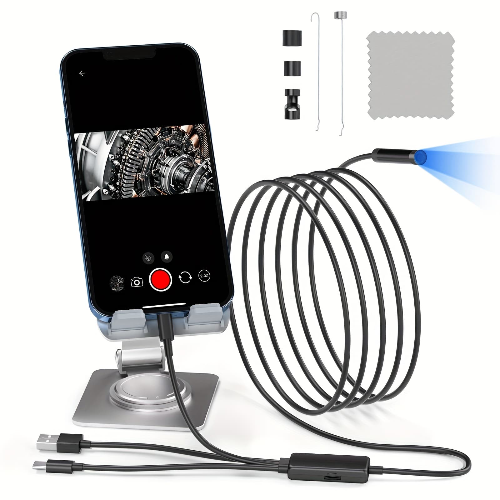 TEMU 16.4ft Endoscope Camera With Light For Iphone And Android, 1920p Hd Borescope With 8 Adjustable Led Lights, Semi-rigid Snake Camera, 7.9mm Inspection Camera