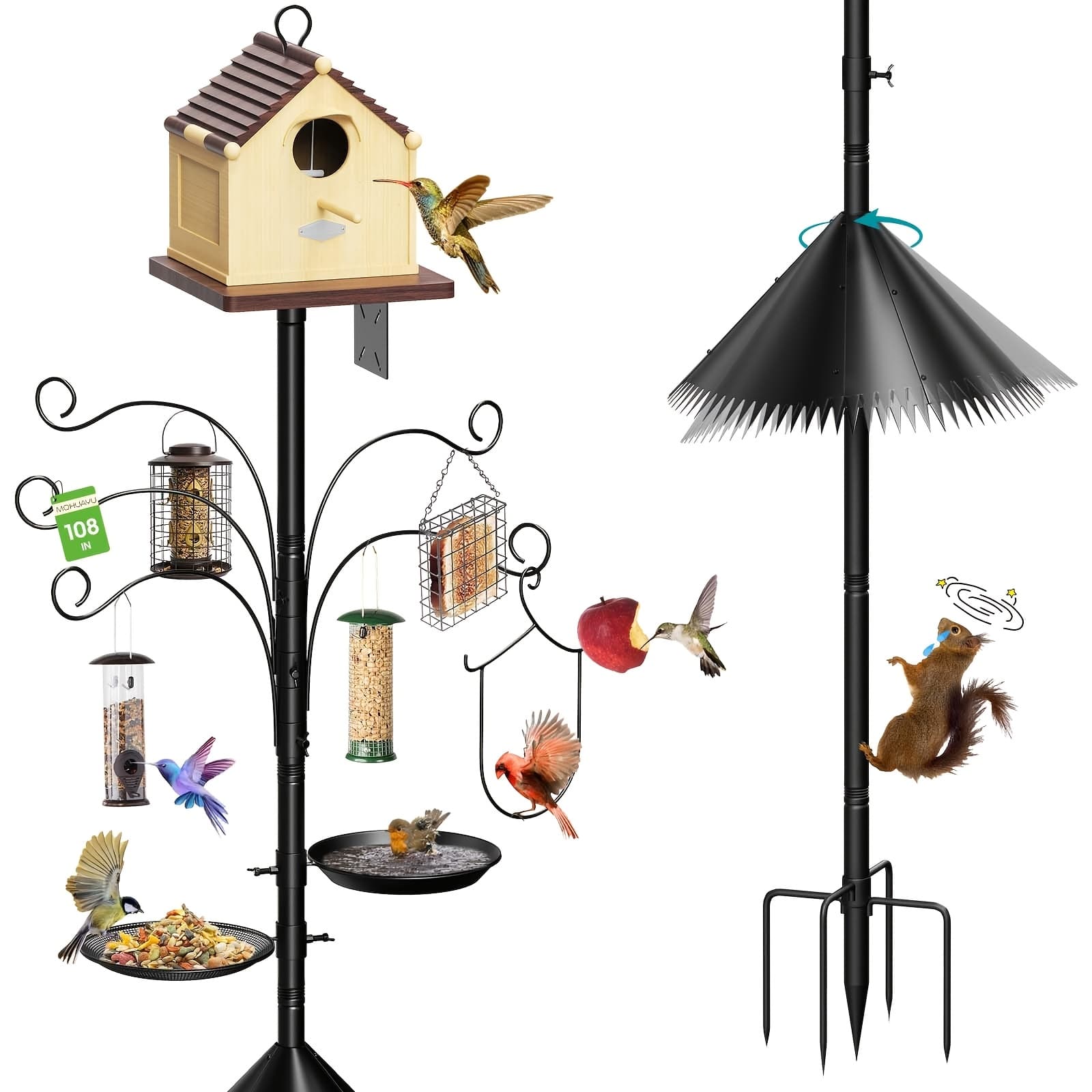 TEMU 108 Inch Squirrel Proof Bird Feeder Pole With 5 Prongs Base, Bird Feeder Stand With Squirrel Baffle, 5 Shepherd Hooks, Water And Food Trays