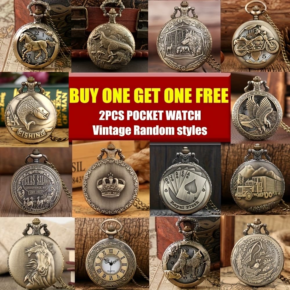 TEMU 2pcs Vintage Bronze Pocket Watches | Free, Surprise Birthday Christmas New Year Graduation Gifts, Alloy Case, Nickel-free Alloy Strap, Quartz Movement
