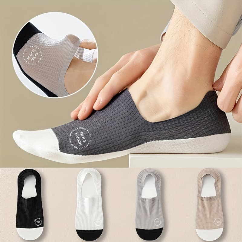 TEMU 4-pair Men's Summer Lightweight Ice Silky Fiber Fabric Waffle Pattern Sweat-absorbent, Breathable, Non-slip Heel, Casual No-show Socks