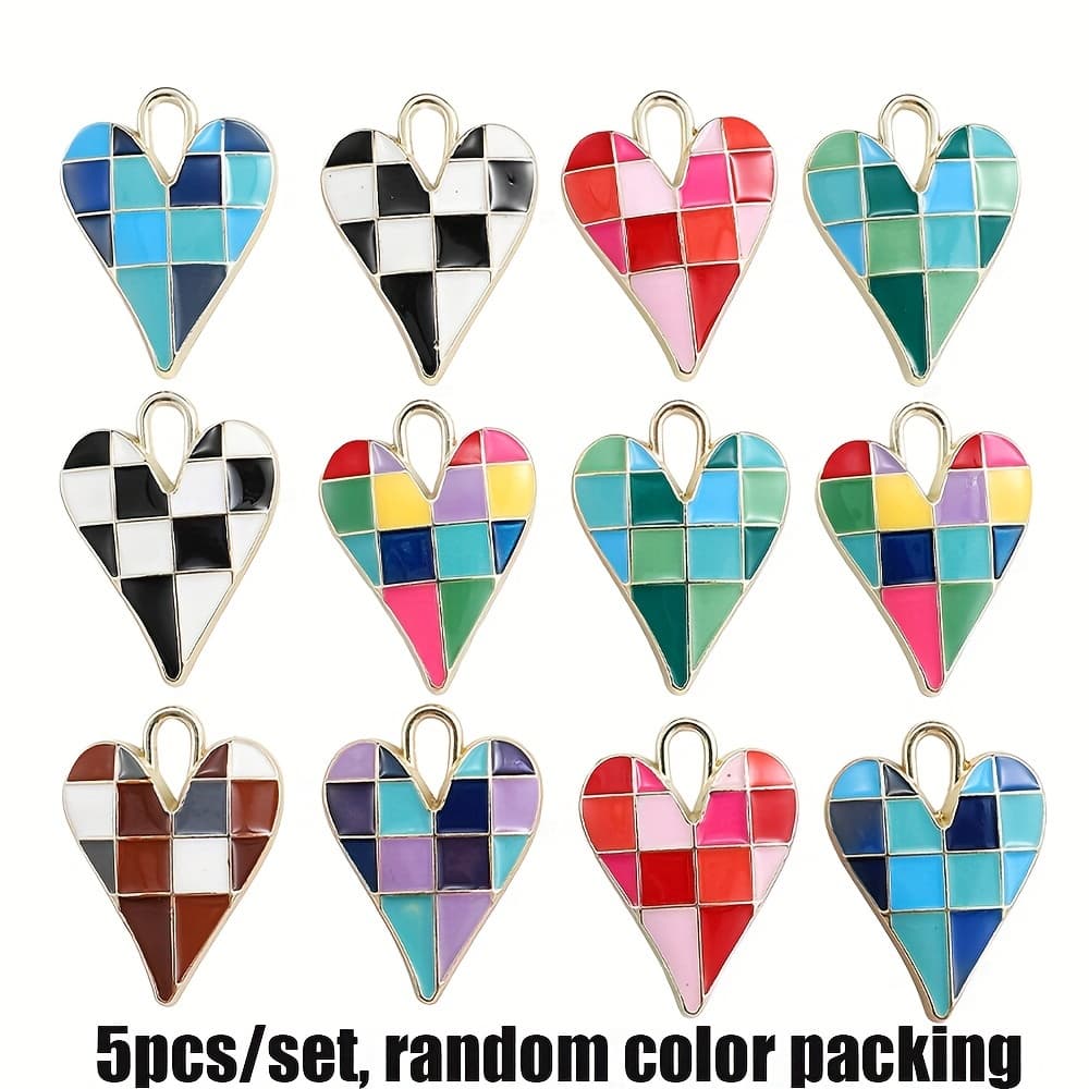TEMU 5pcs/set Germeglity Alloy Enamel Heart Charms Suitable For Making, Checkerboard Love Pendants With Multicolor , Heart-shaped Capsule Caps For Bracelets, Necklaces, Crafting